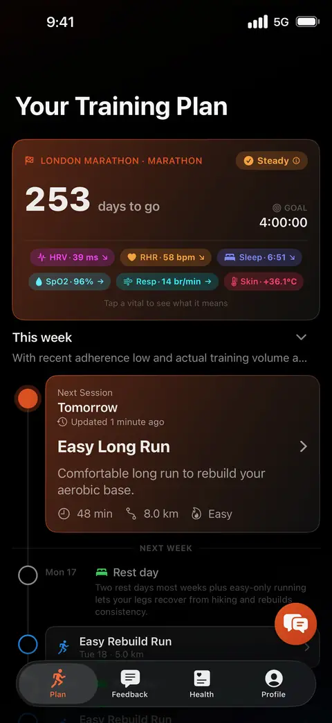 LiveCoach training plan screen showing a London Marathon countdown, morning recovery vitals, and the next planned session