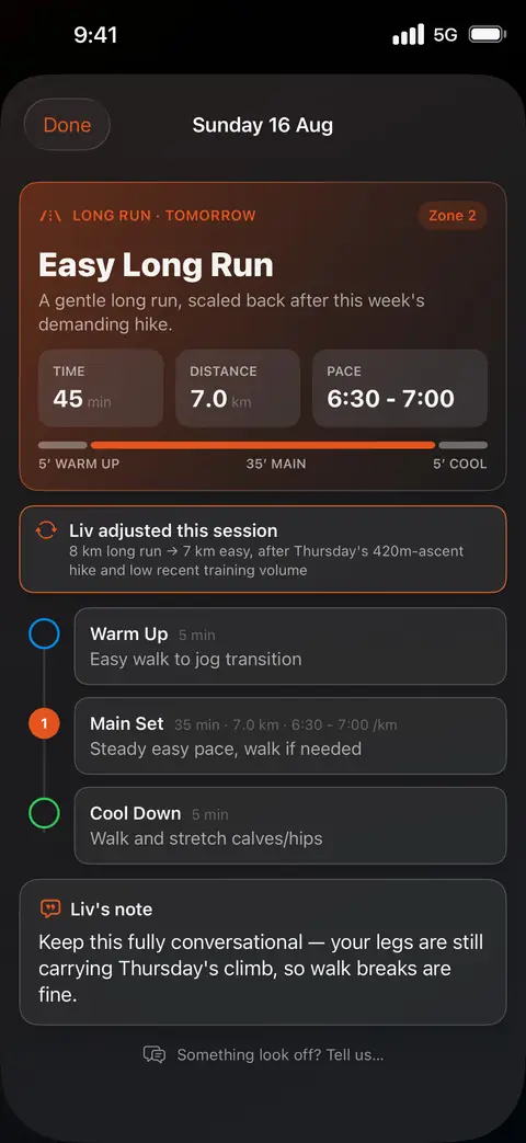 Session detail screen with warm-up, main set and cool-down structure, target pace and heart-rate zones