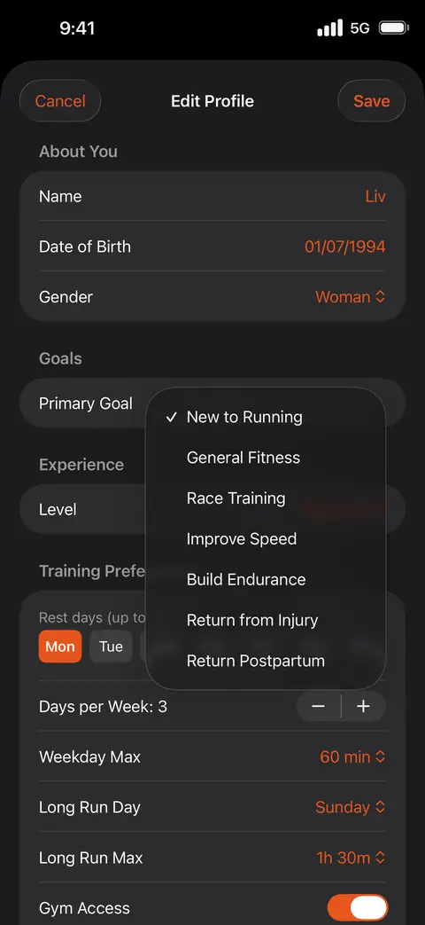 Profile editing screen with training goals, preferred rest days and weekly time limits